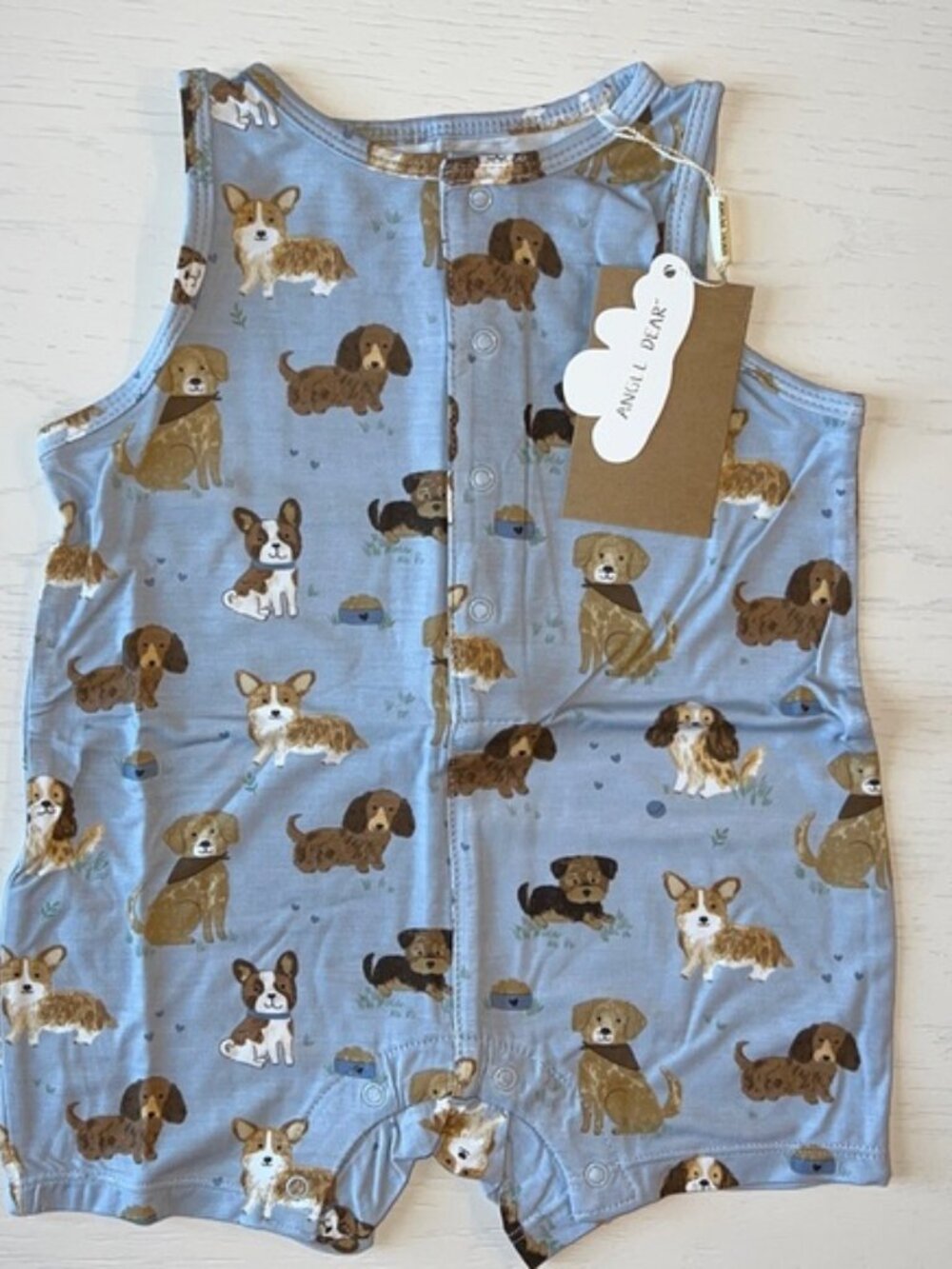 Angel Dear Shortie Romper Bamboo Best Friend Dog Blue 3-6 12-18 months